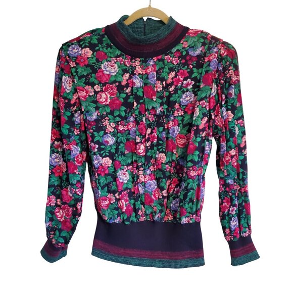 Vintage 80s Green Pink Purple Floral Long Sleeve Zip Back Top Grandmacore Vibes - Picture 1 of 13